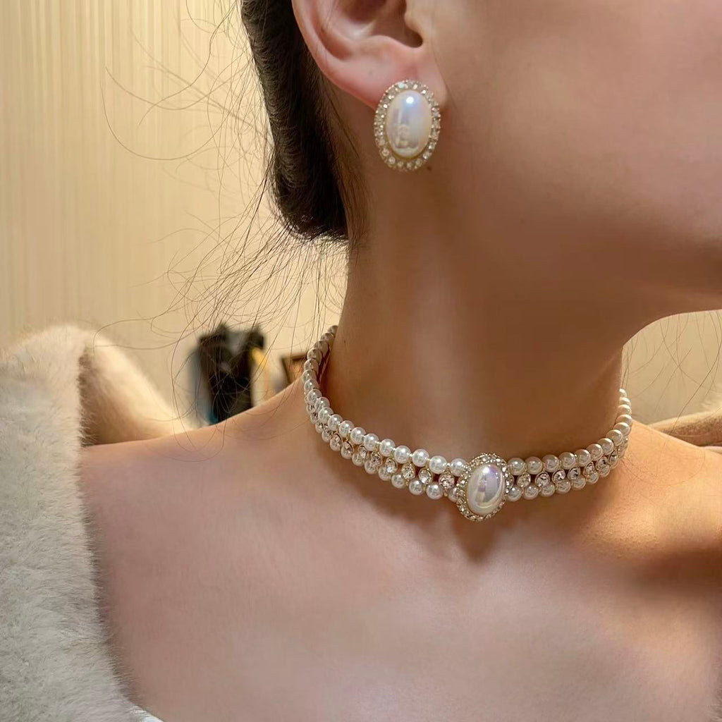 Diana-Inspired Blush Pearl Set-Handcrafted Vintage Necklace & Earrings