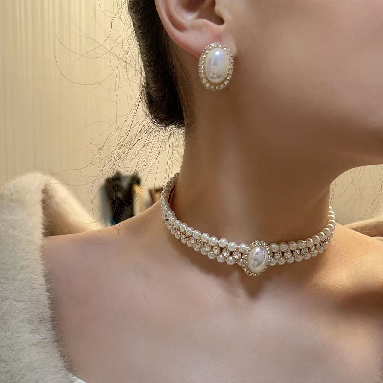 Diana-Inspired Blush Pearl Set-Handcrafted Vintage Necklace & Earrings