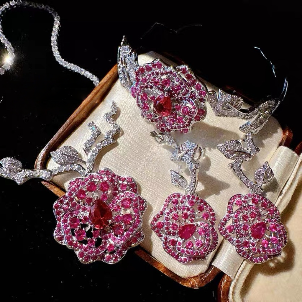 Enchanted Rose Statement Jewelry Set | Vintage Ruby-Inspired Floral Collection