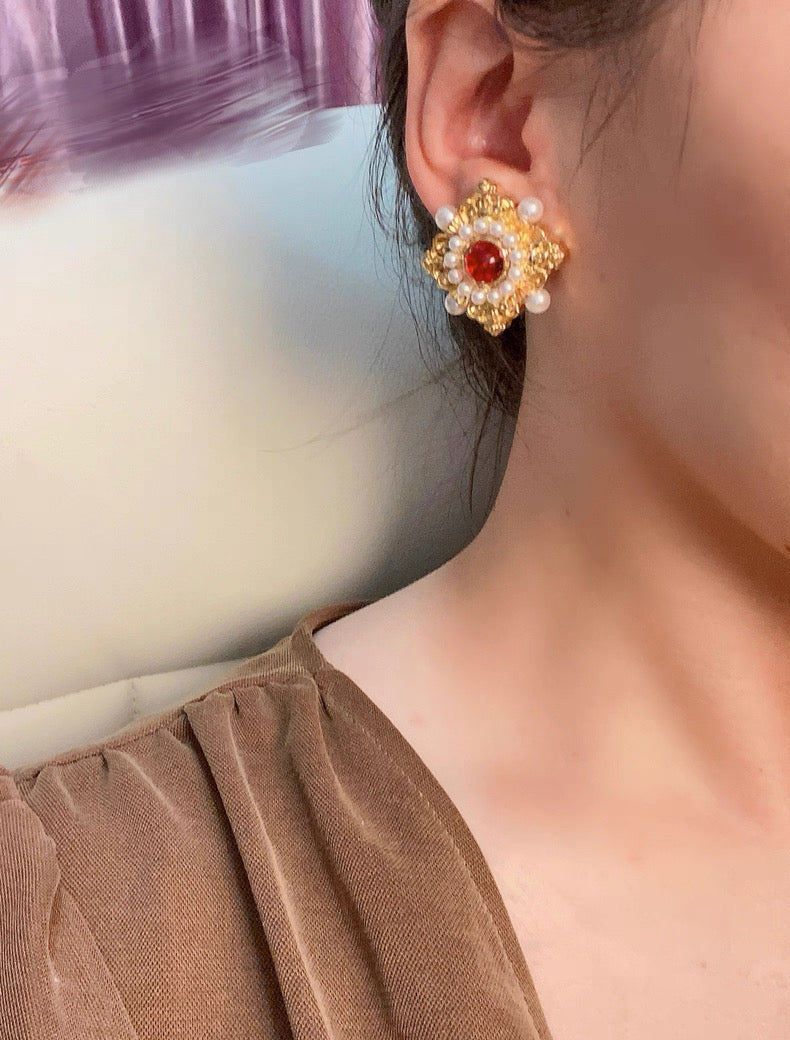 Elegant Vintage Ruby Pearl Earrings