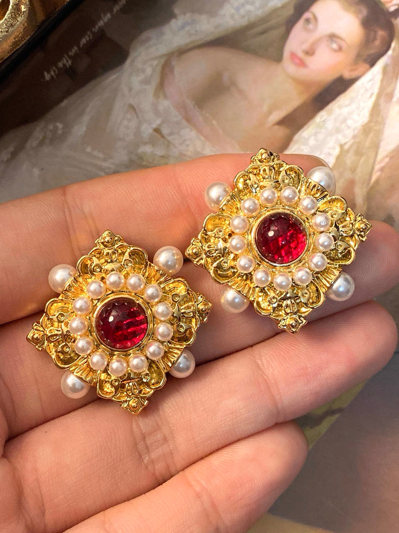 Elegant Vintage Ruby Pearl Earrings