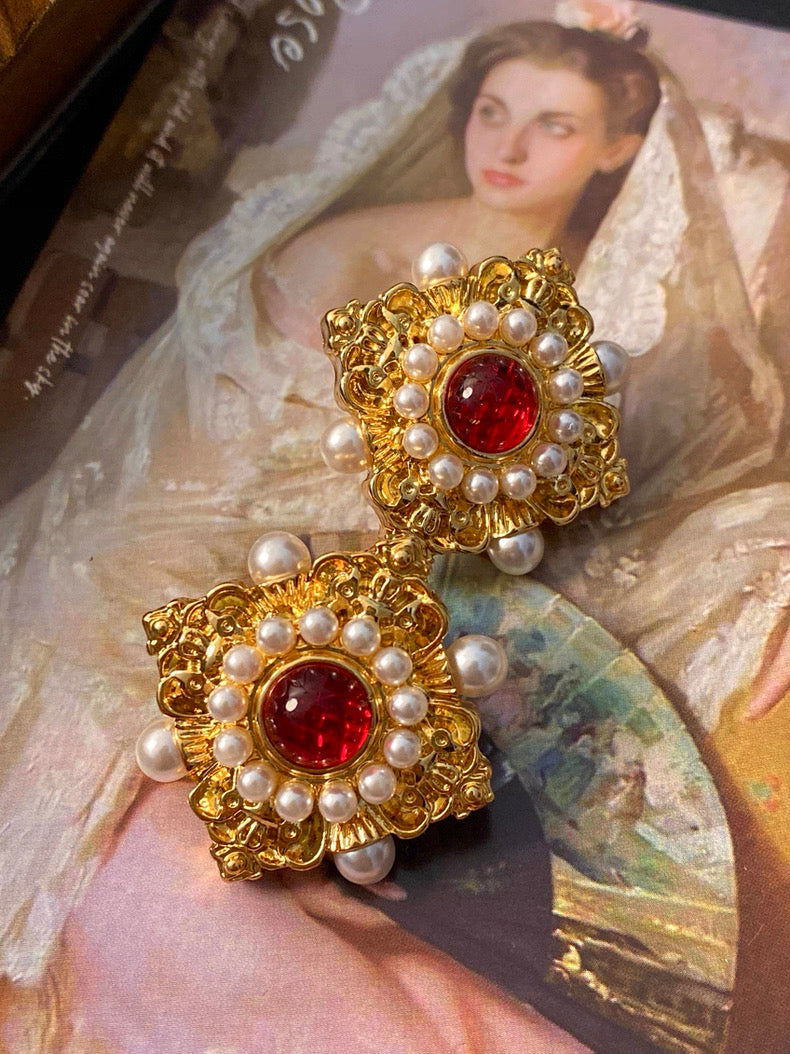 Elegant Vintage Ruby Pearl Earrings