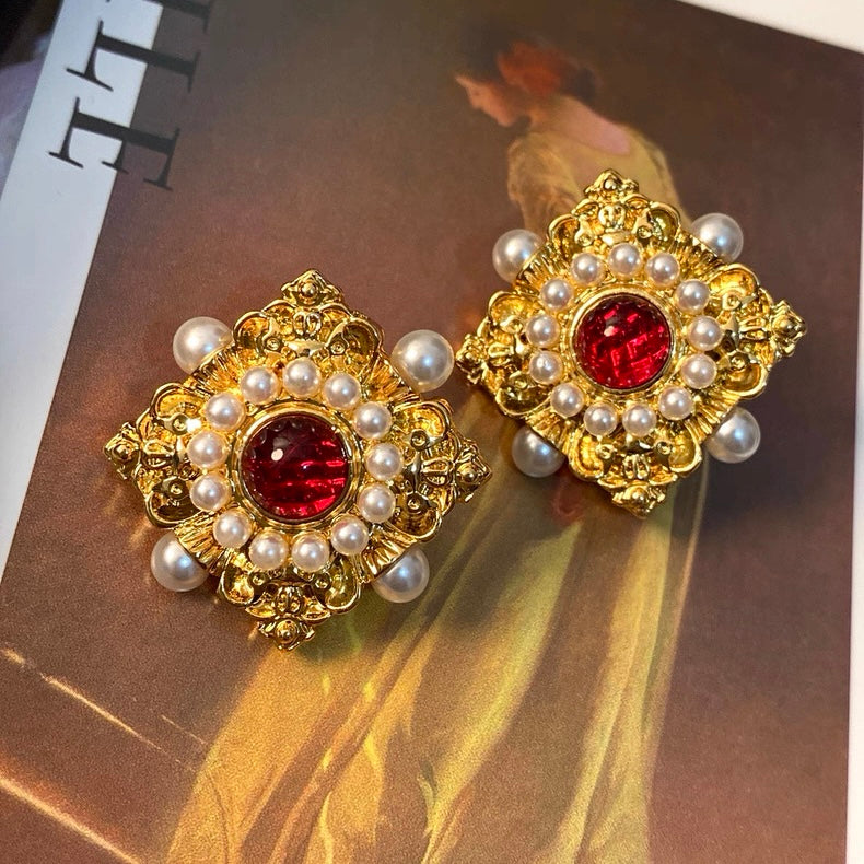 Elegant Vintage Ruby Pearl Earrings