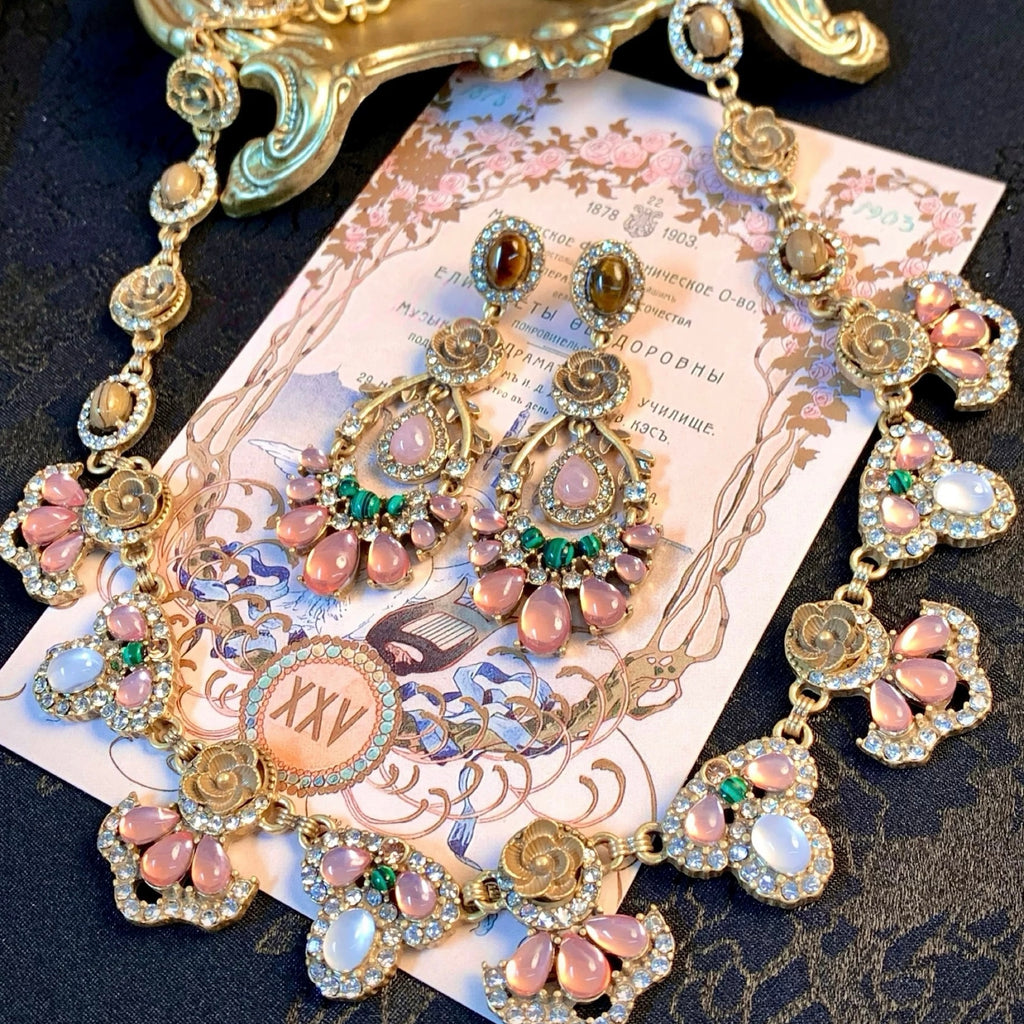 Baroque Royal Pink Floral Vintage 18K Gold Plated Jewelry Set