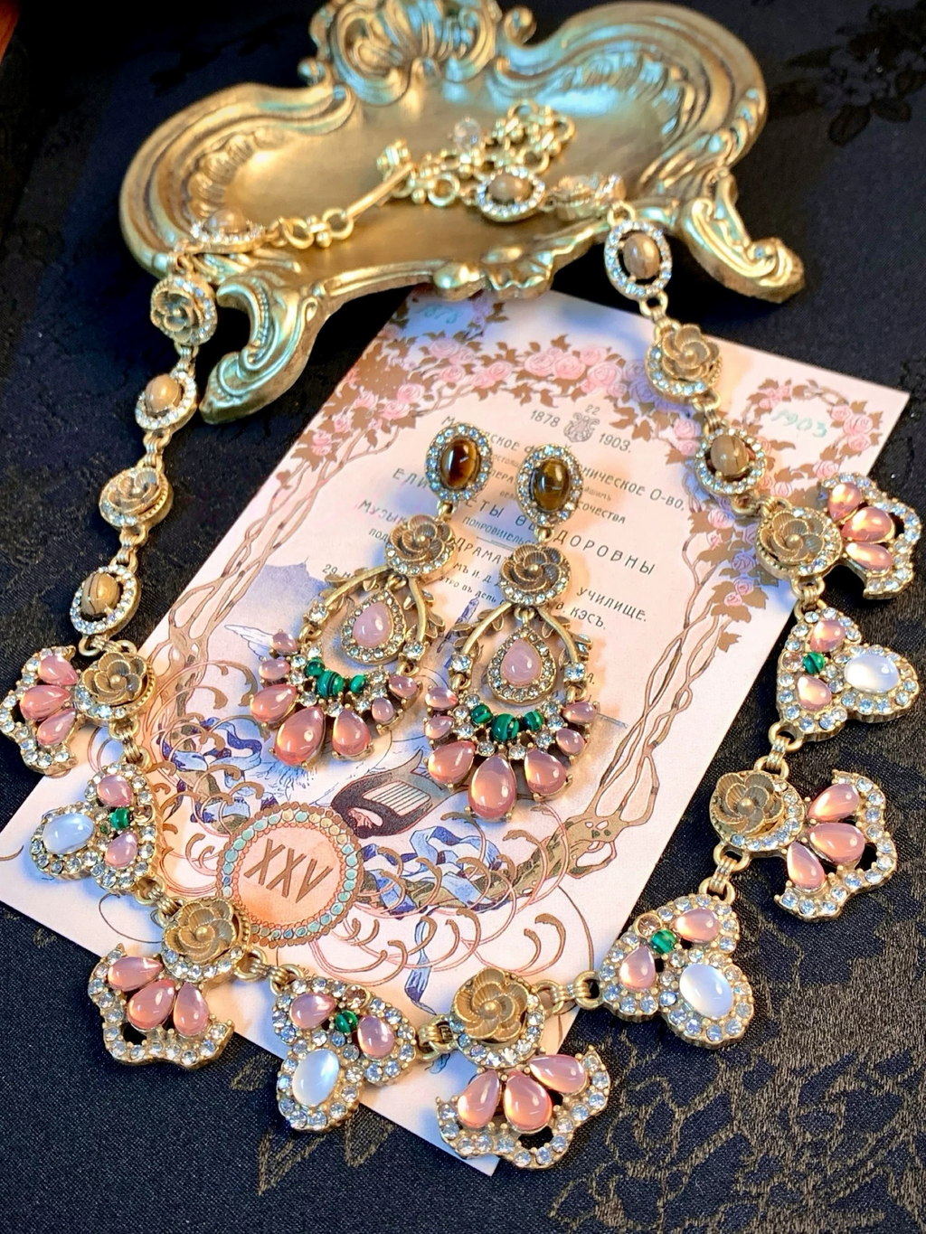Baroque Royal Pink Floral Vintage 18K Gold Plated Jewelry Set