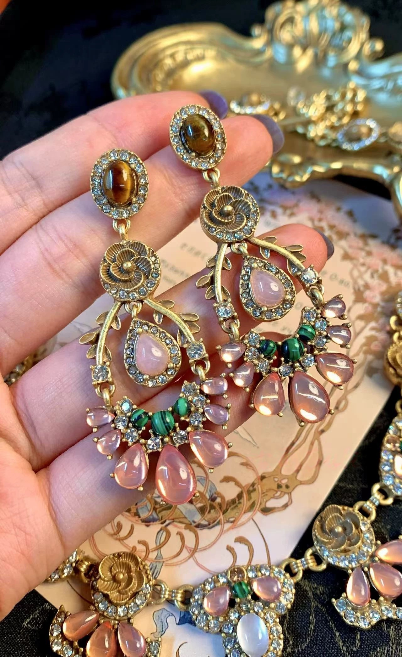 Baroque Royal Pink Floral Vintage 18K Gold Plated Jewelry Set