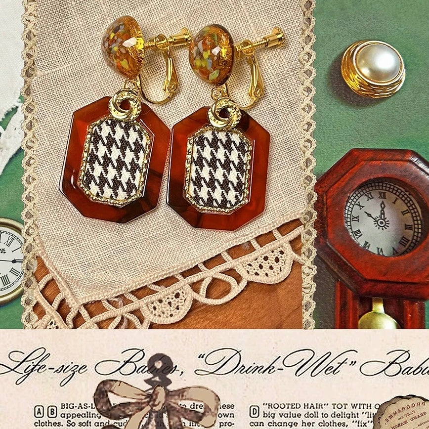 Amber Chessboard Vintage Clip-On Earrings