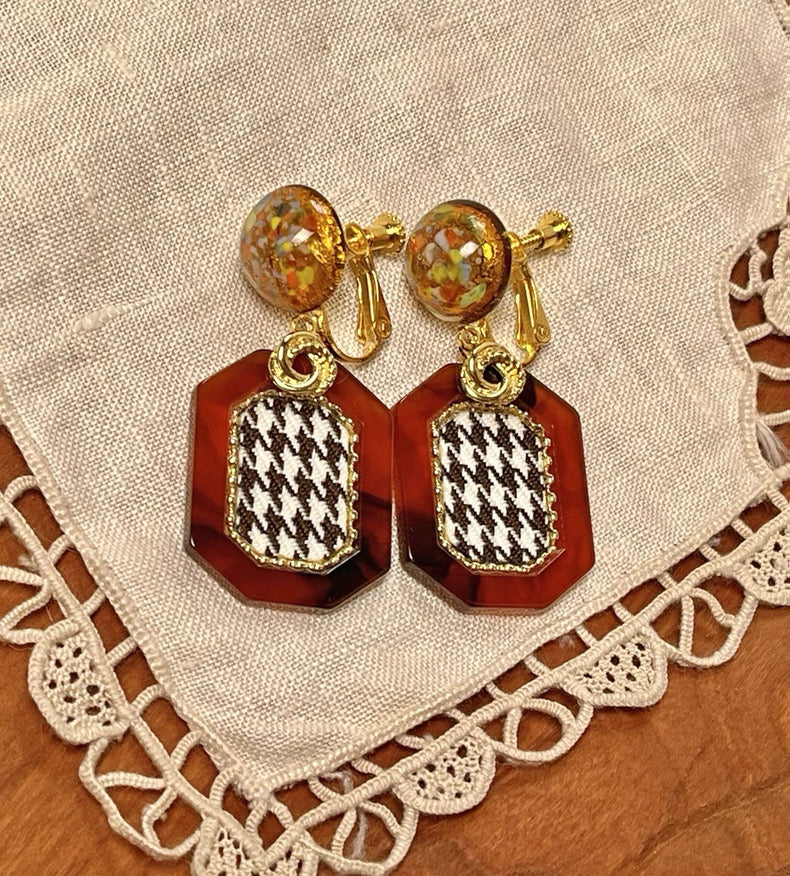 Amber Chessboard Vintage Clip-On Earrings