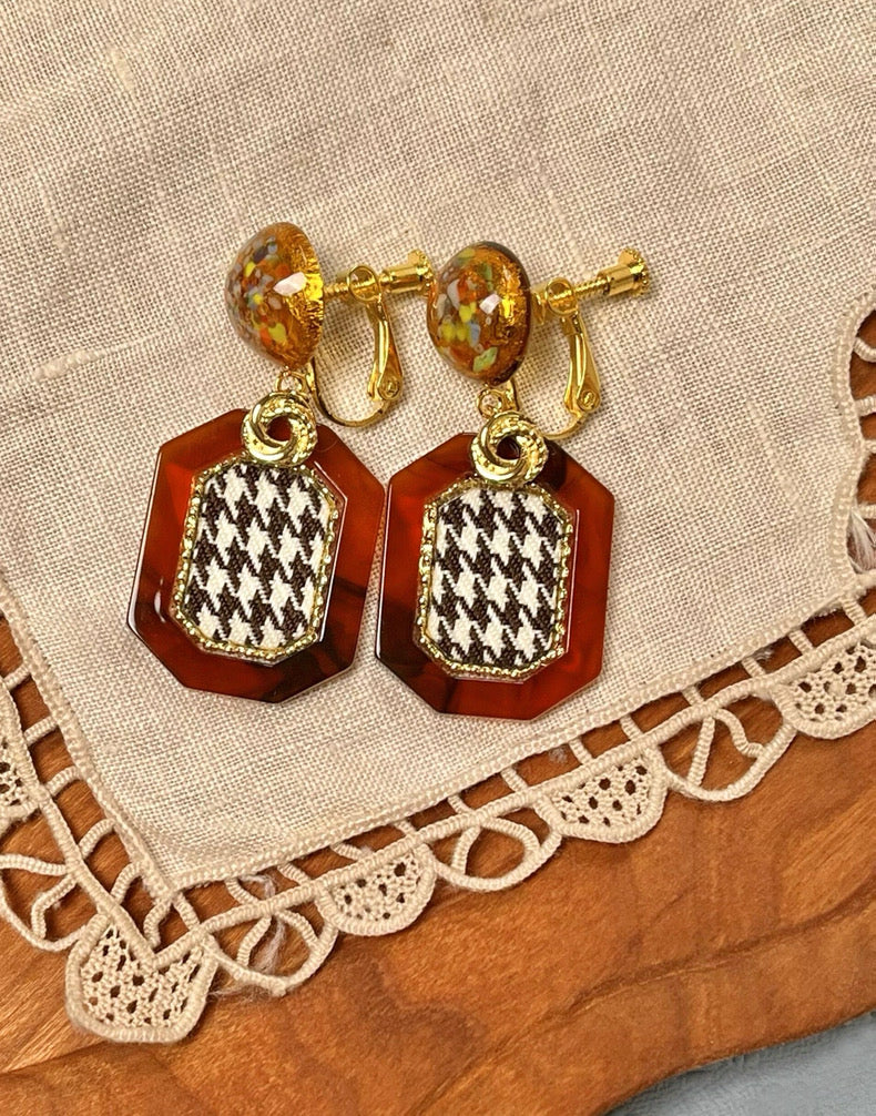 Amber Chessboard Vintage Clip-On Earrings