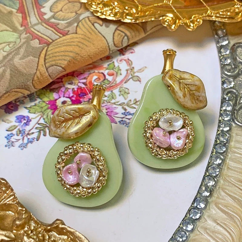 Golden Pear Earrings – Romantic Baroque Style Handmade Fruit Jewelry