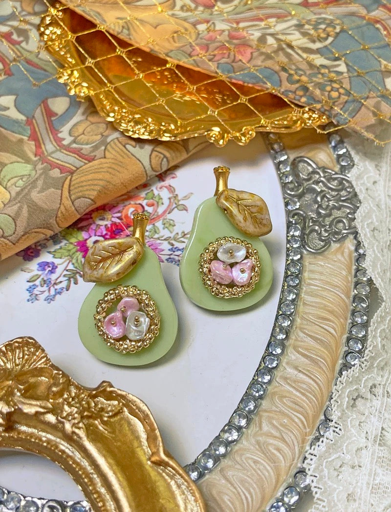 Golden Pear Earrings – Romantic Baroque Style Handmade Fruit Jewelry
