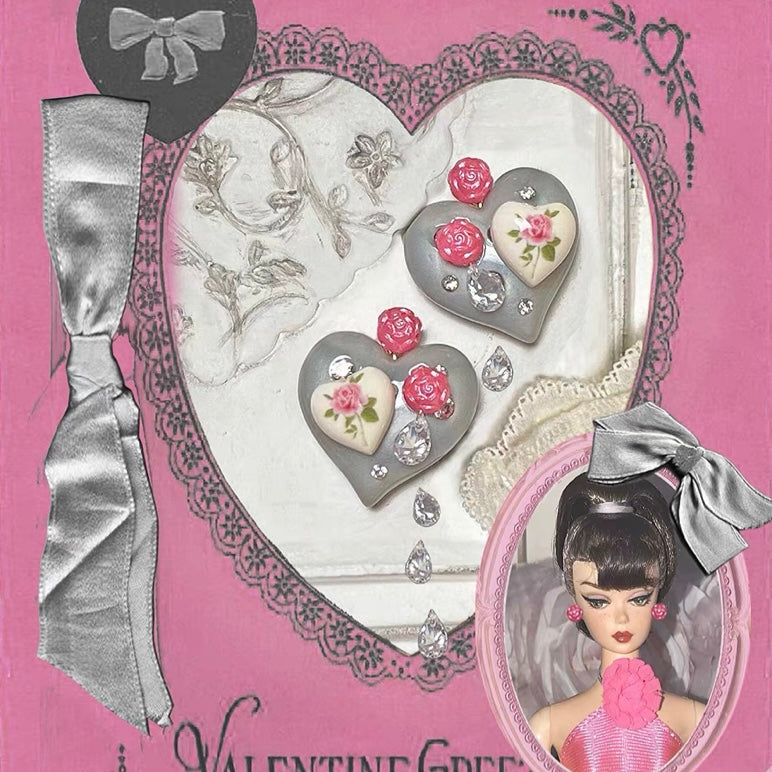 Handmade Y2K Heart Rose Sparkling Earrings