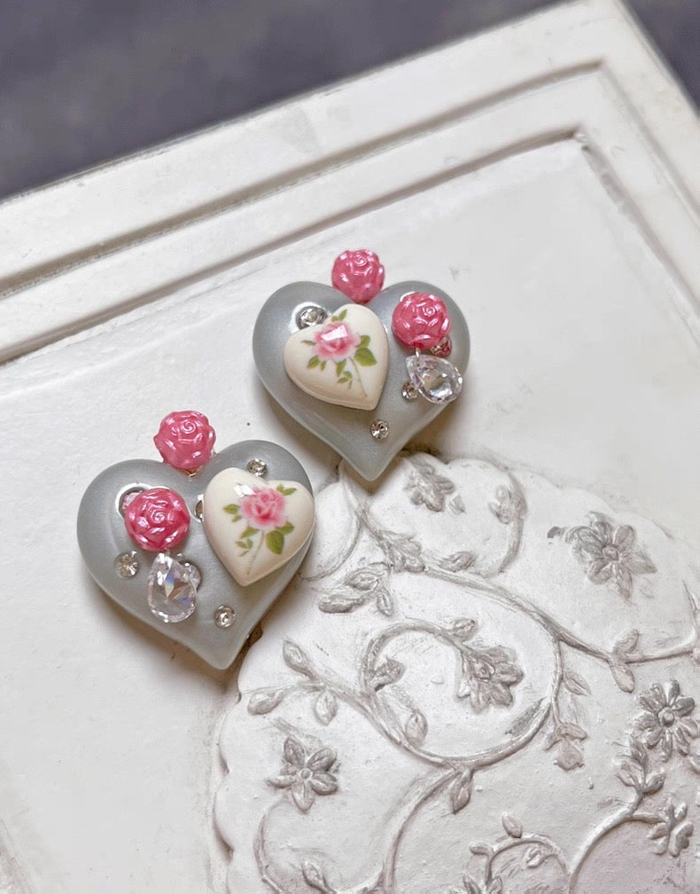 Handmade Y2K Heart Rose Sparkling Earrings