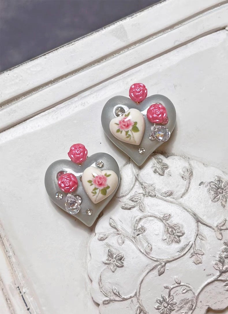 Handmade Y2K Heart Rose Sparkling Earrings