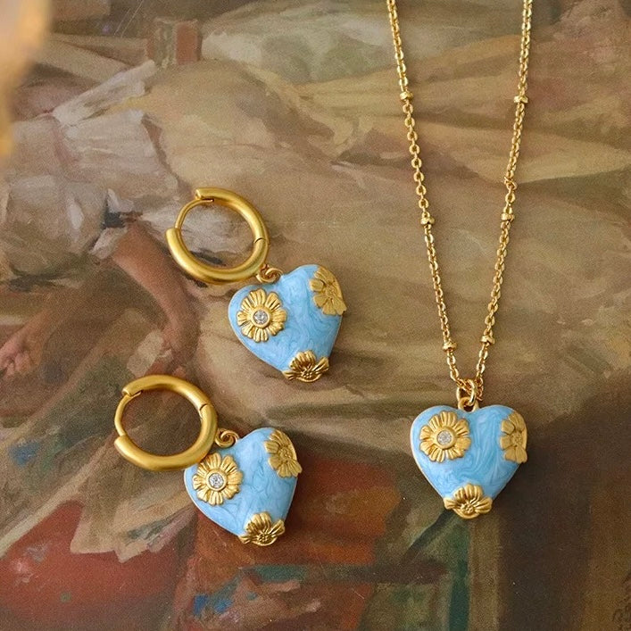 Vintage Blue Enamel Heart Jewelry Set