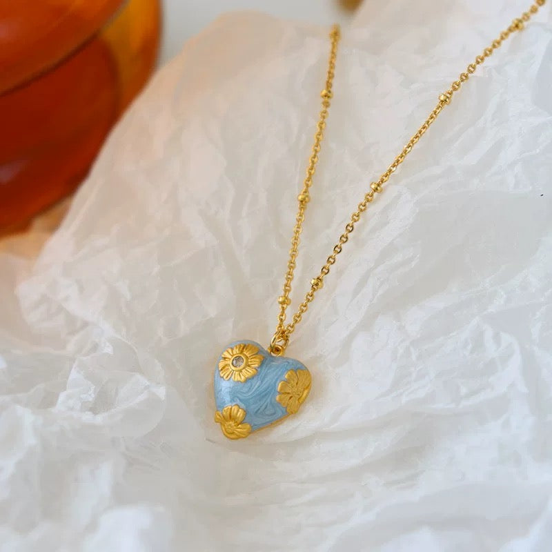 Vintage Blue Enamel Heart Jewelry Set