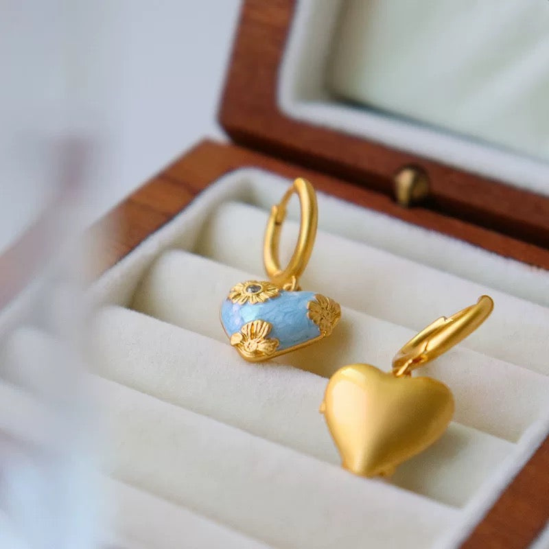 Vintage Blue Enamel Heart Jewelry Set