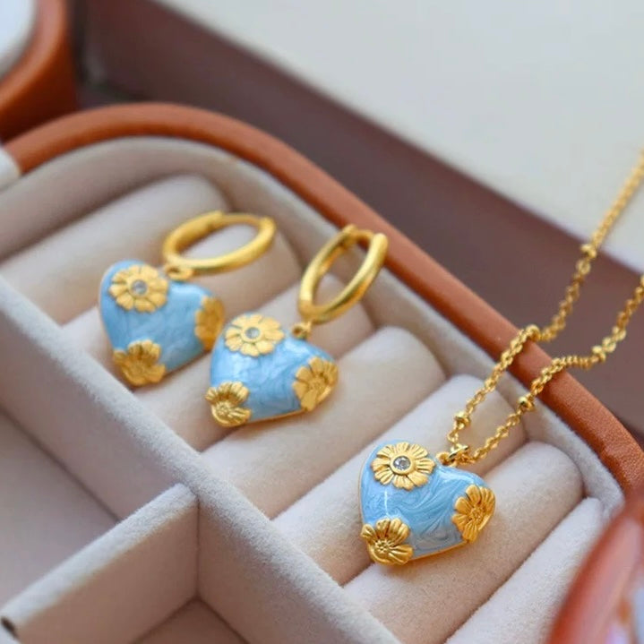 Vintage Blue Enamel Heart Jewelry Set