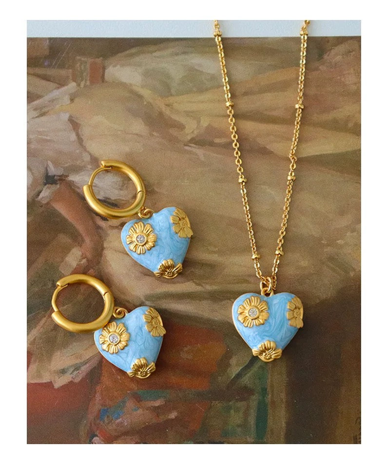 Vintage Blue Enamel Heart Jewelry Set