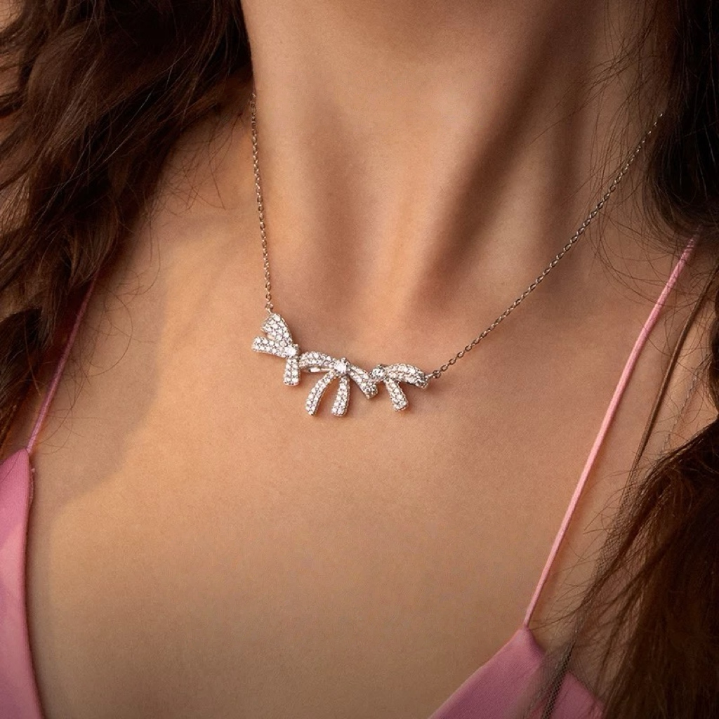 Elegant 925 Silver Sparkling Bow Necklace & Earrings Set for Women