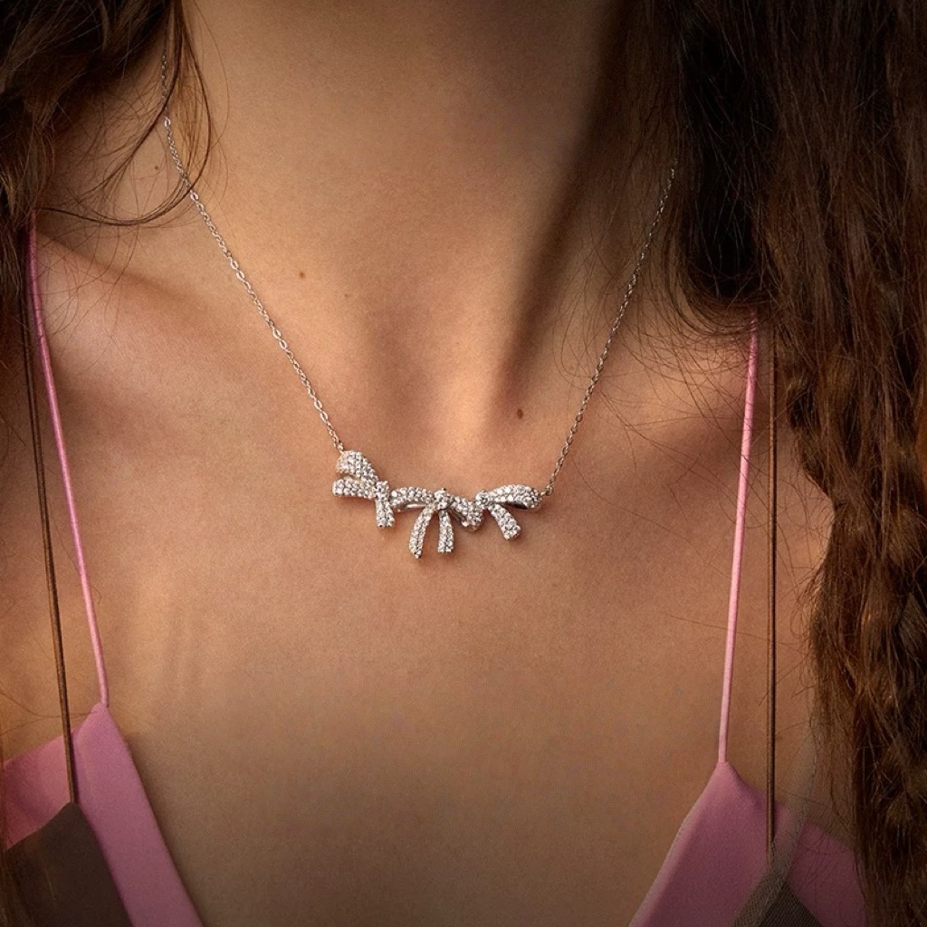 Elegant 925 Silver Sparkling Bow Necklace & Earrings Set for Women