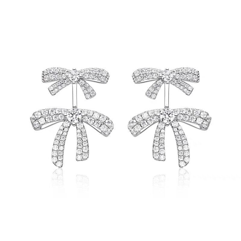 Elegant 925 Silver Sparkling Bow Necklace & Earrings Set for Women