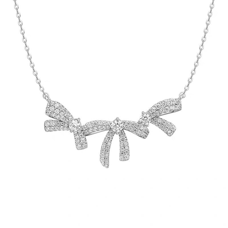 Elegant 925 Silver Sparkling Bow Necklace & Earrings Set for Women