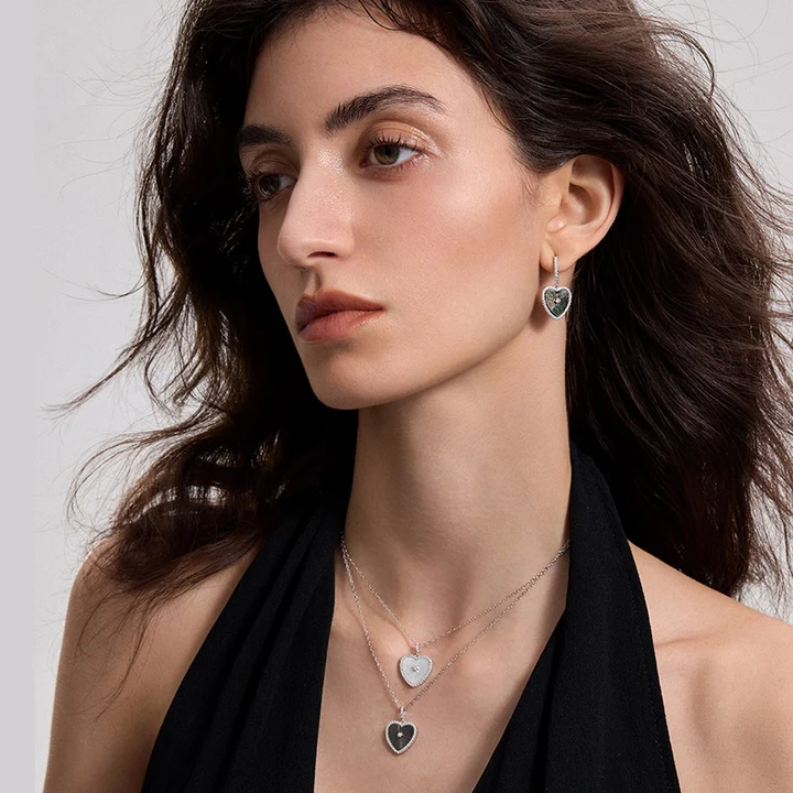 925 Silver Mother of Pearl Heart Necklace Bracelet Earings