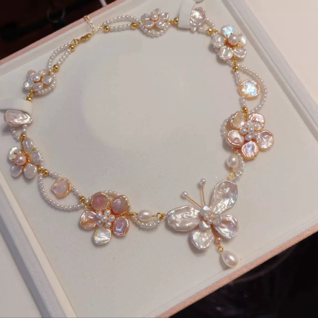 Handmade Floral Butterfly Baroque Pearl Necklace