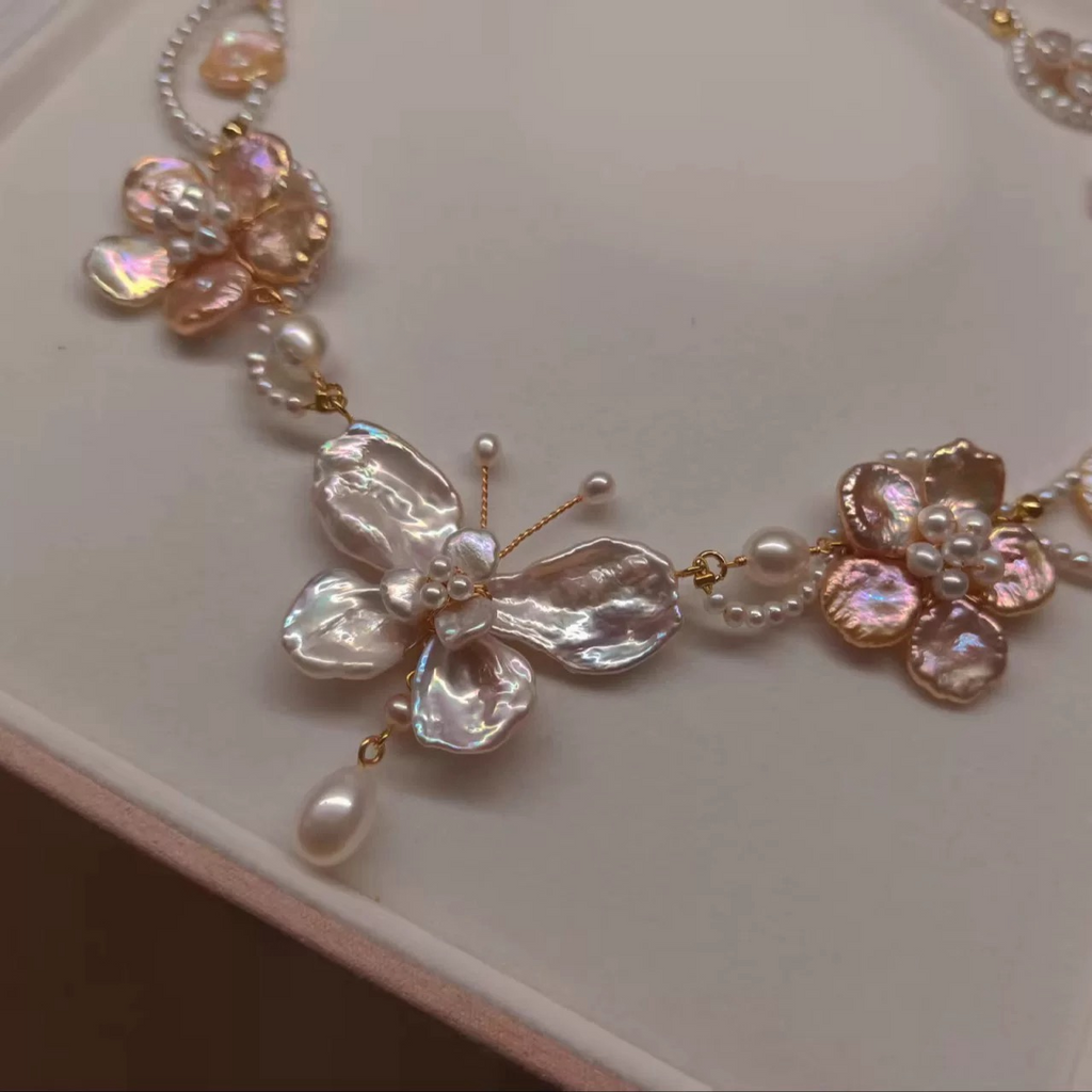 Handmade Floral Butterfly Baroque Pearl Necklace