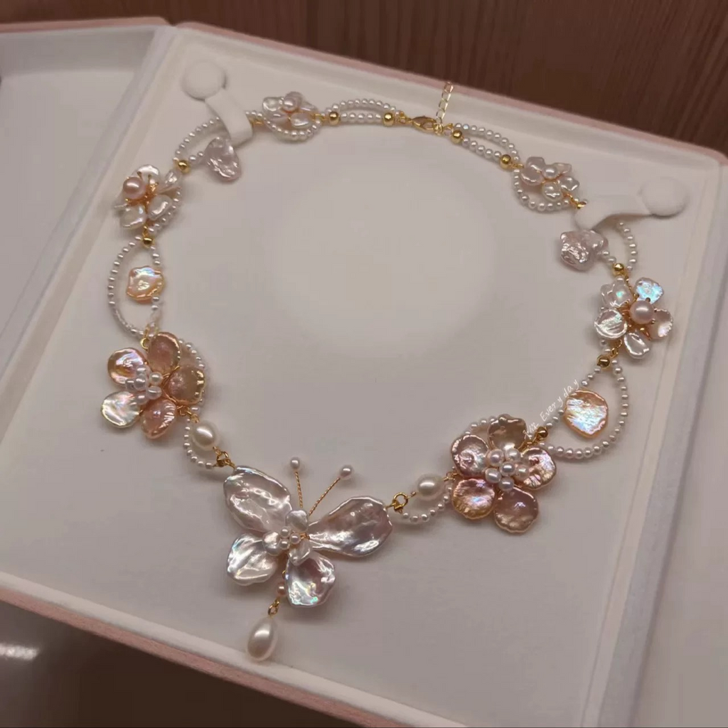 Handmade Floral Butterfly Baroque Pearl Necklace