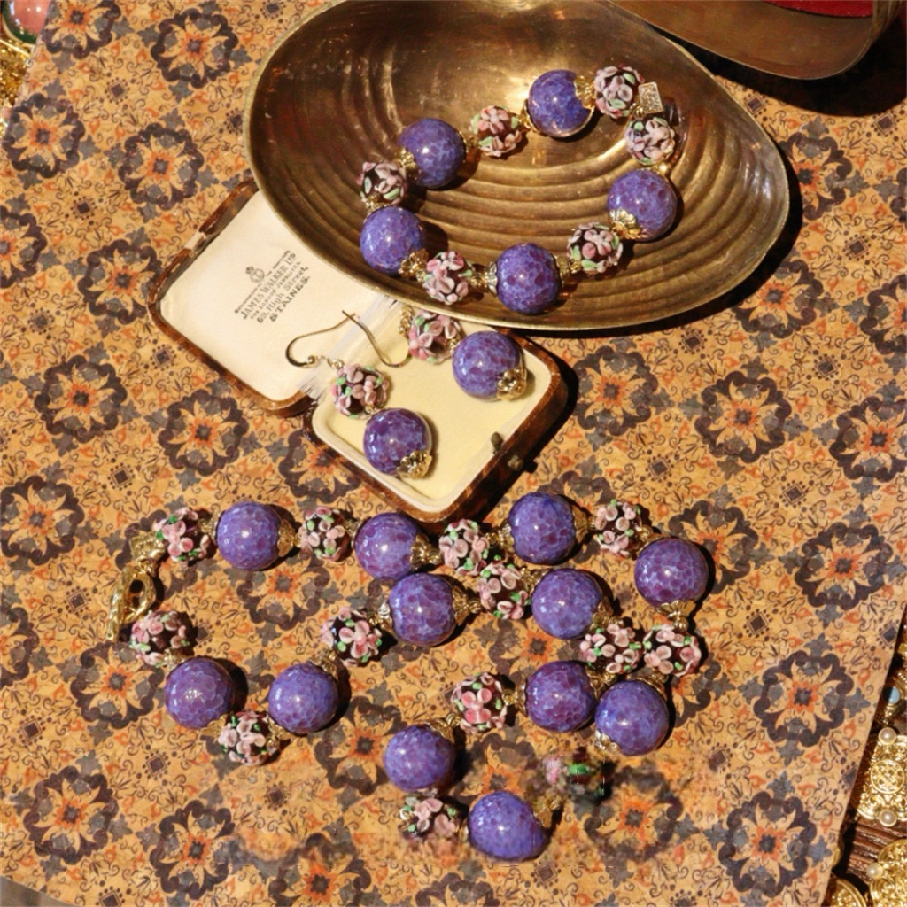 Hand-Painted Blossom Vintage Liuli Glass Necklace Bracelet