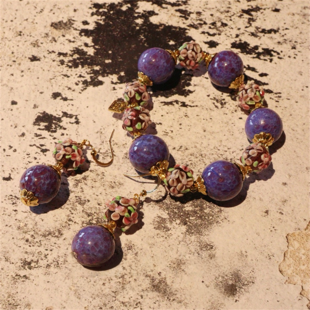 Hand-Painted Blossom Vintage Liuli Glass Necklace Bracelet