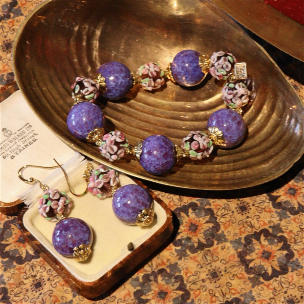 Hand-Painted Blossom Vintage Liuli Glass Necklace Bracelet
