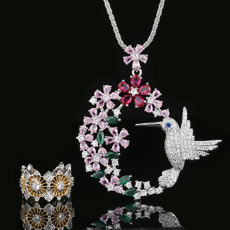 Spirit of Joy Hummingbird Set | Handcrafted Floral Wreath Necklace & Ring