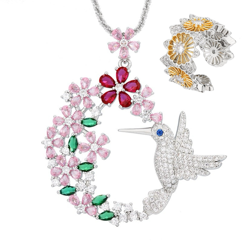 Spirit of Joy Hummingbird Set | Handcrafted Floral Wreath Necklace & Ring