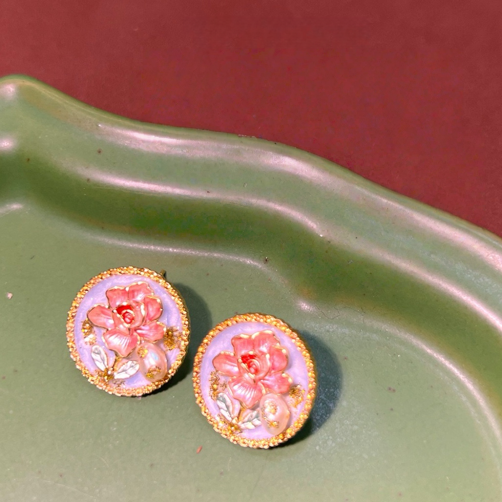 Monet Garden Baroque Enamel Freshwater Pearl Stud Earrings