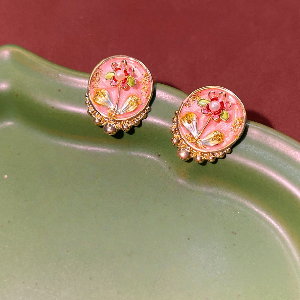 Monet Garden Baroque Enamel Freshwater Pearl Stud Earrings