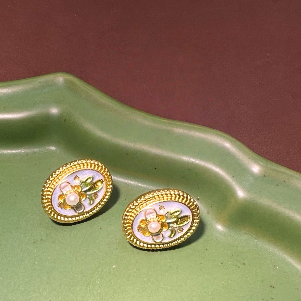 Monet Garden Baroque Enamel Freshwater Pearl Stud Earrings