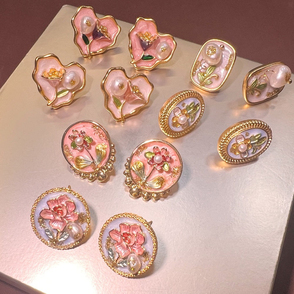 Monet Garden Baroque Enamel Freshwater Pearl Stud Earrings