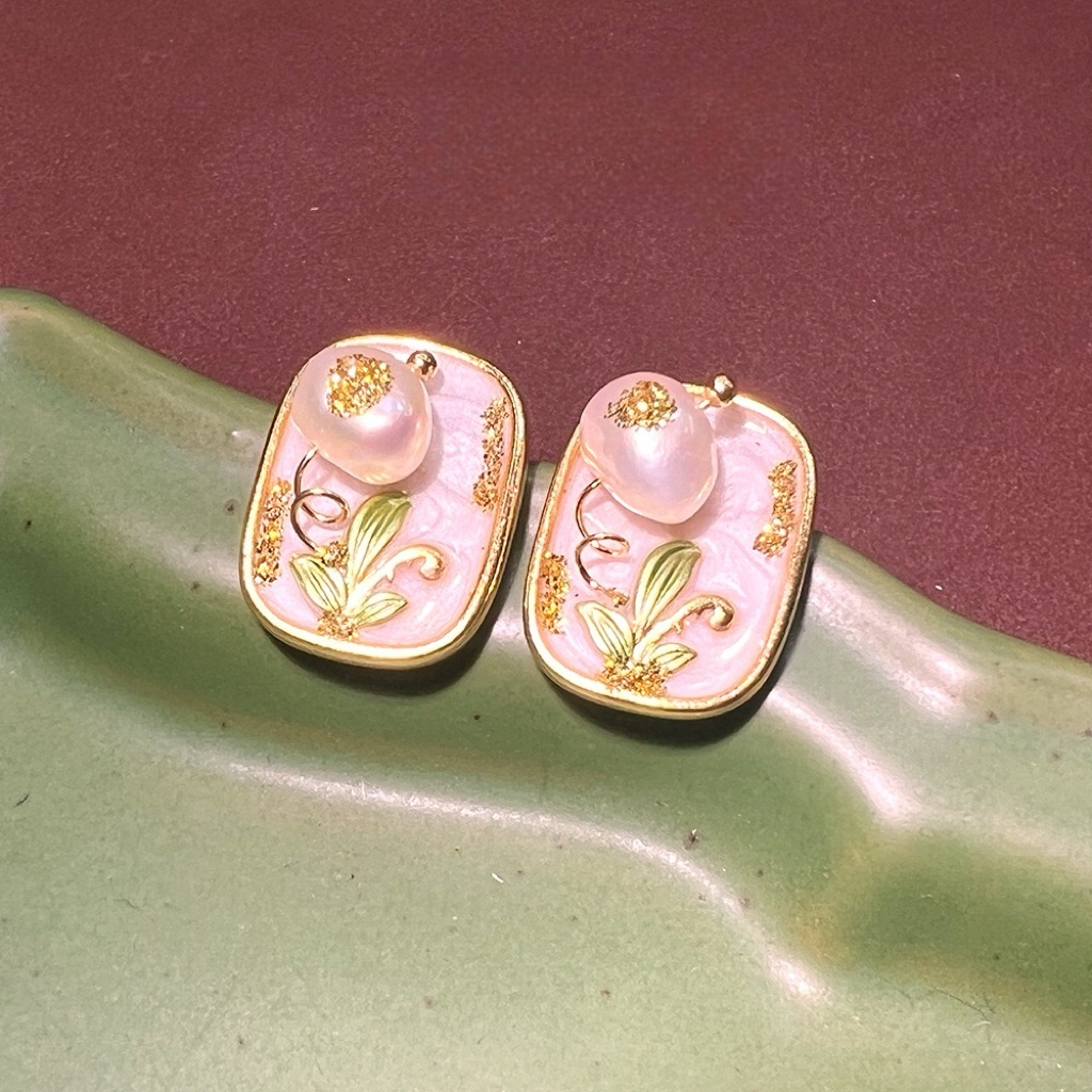 Monet Garden Baroque Enamel Freshwater Pearl Stud Earrings