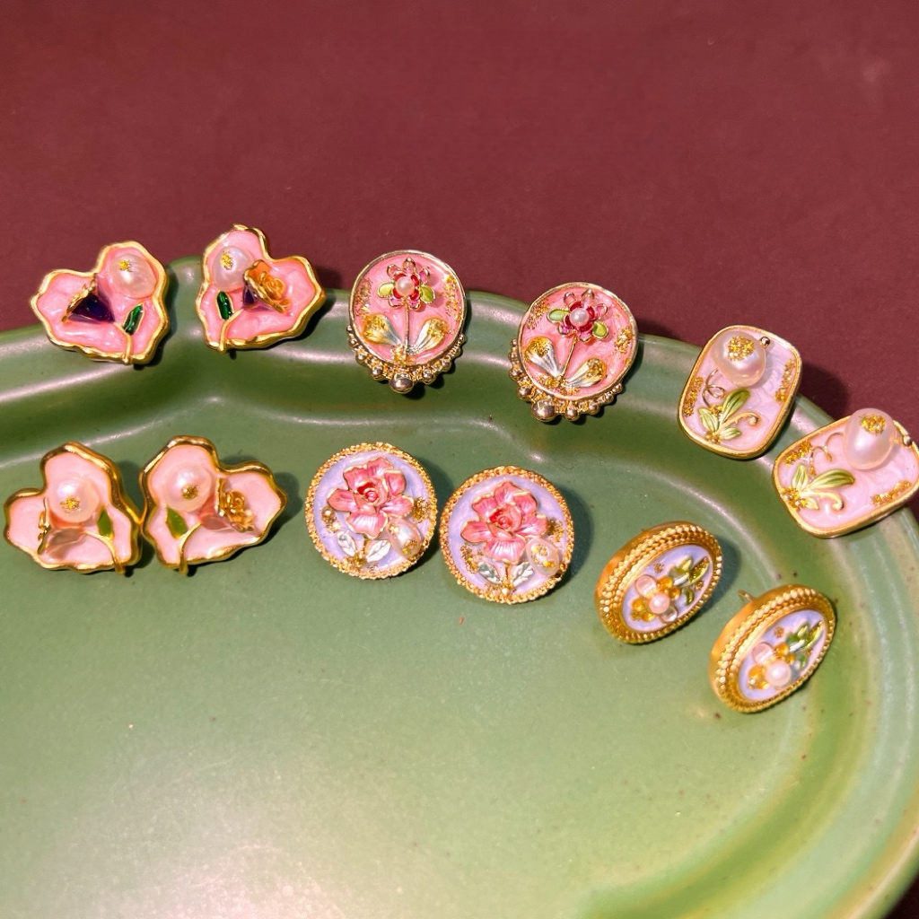 Monet Garden Baroque Enamel Freshwater Pearl Stud Earrings