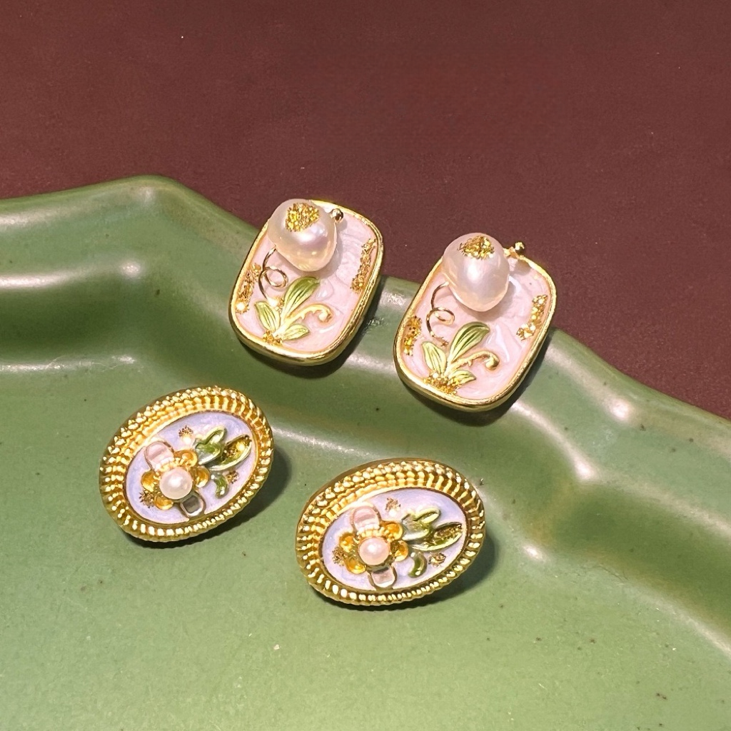 Monet Garden Baroque Enamel Freshwater Pearl Stud Earrings