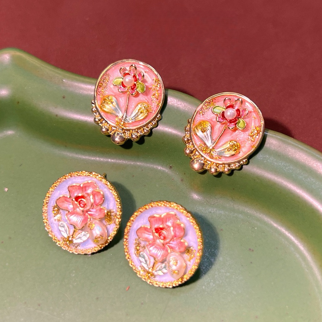 Monet Garden Baroque Enamel Freshwater Pearl Stud Earrings