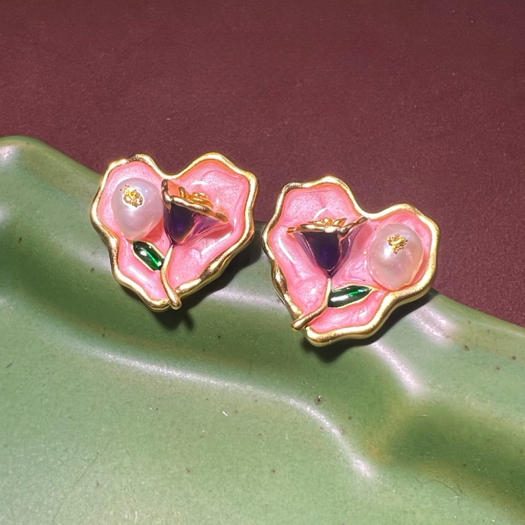 Monet Garden Baroque Enamel Freshwater Pearl Stud Earrings