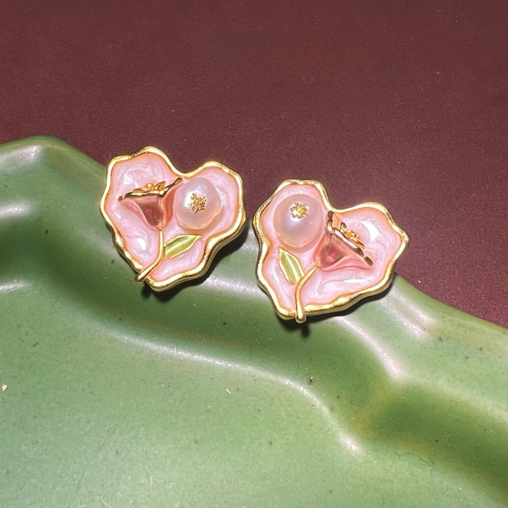 Monet Garden Baroque Enamel Freshwater Pearl Stud Earrings