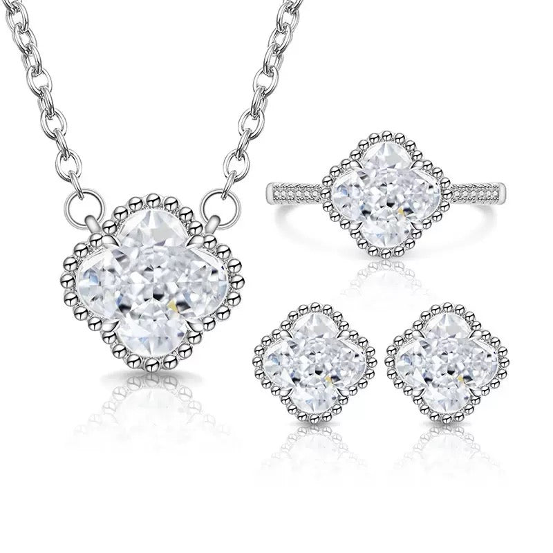 Lucky Four-Leaf Clover Ice Zircon Jewelry Set
