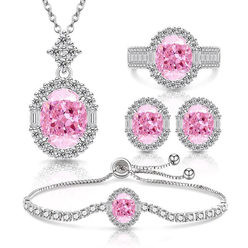 Luxury Pink Oval Cut 5A CZ Jewelry Set