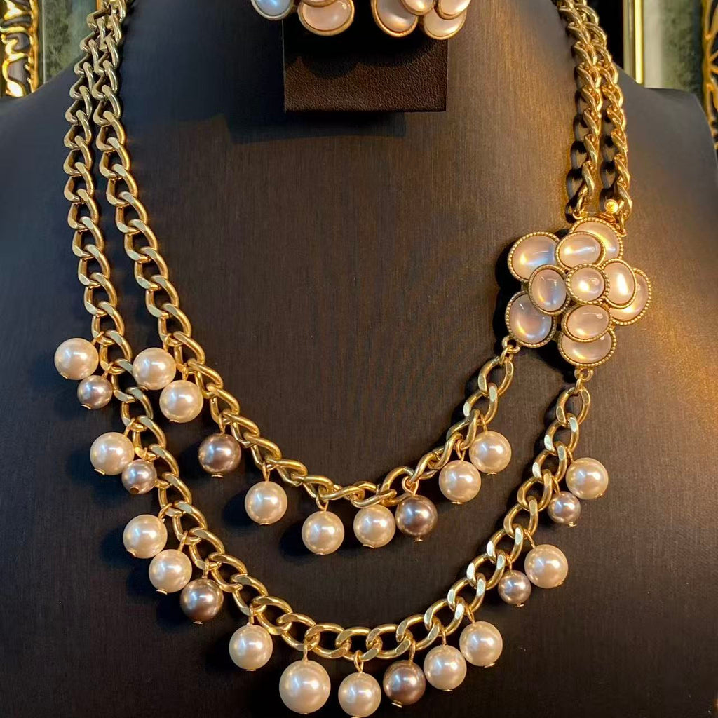 Gilded Camellia Luxury Tiered Pearl & Curb Chain Statement Set