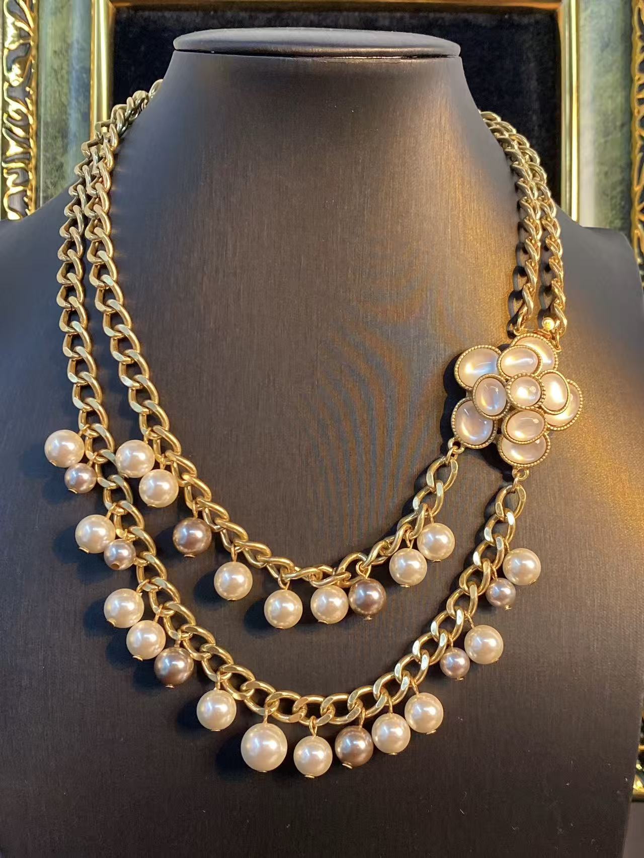 Gilded Camellia Luxury Tiered Pearl & Curb Chain Statement Set
